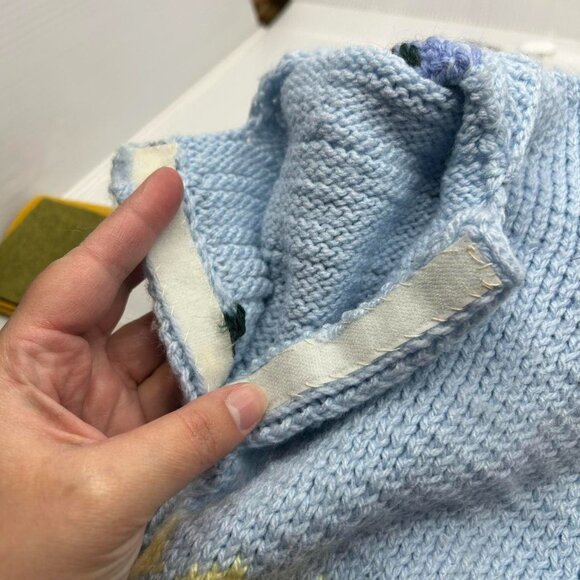 Blue and yellow knitted baby sack in great condition handmade, front button area - Picture 7 of 8